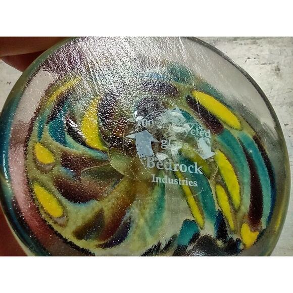 Bedrock Industries Recycled Glass Round Flat Paperweight Spots Yellow Brown Blue - Picture 8 of 9